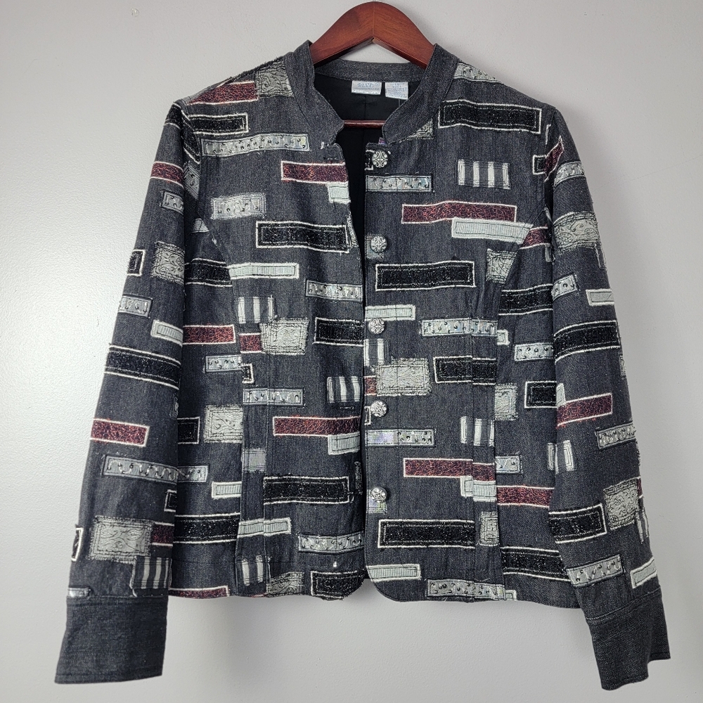 Blue Bayou Multicolor Gray Jacket Coat Top Patchwork Embroidery Accents Size L